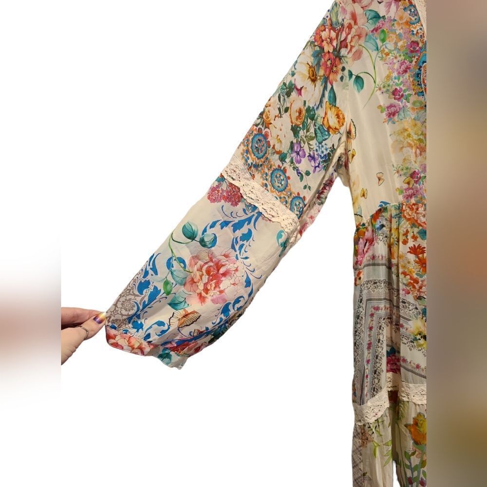 Johnny Was "Milana" Tiered Floral-print Maxi Dress/Duster with Lace Trim | L - Picture 10 of 15